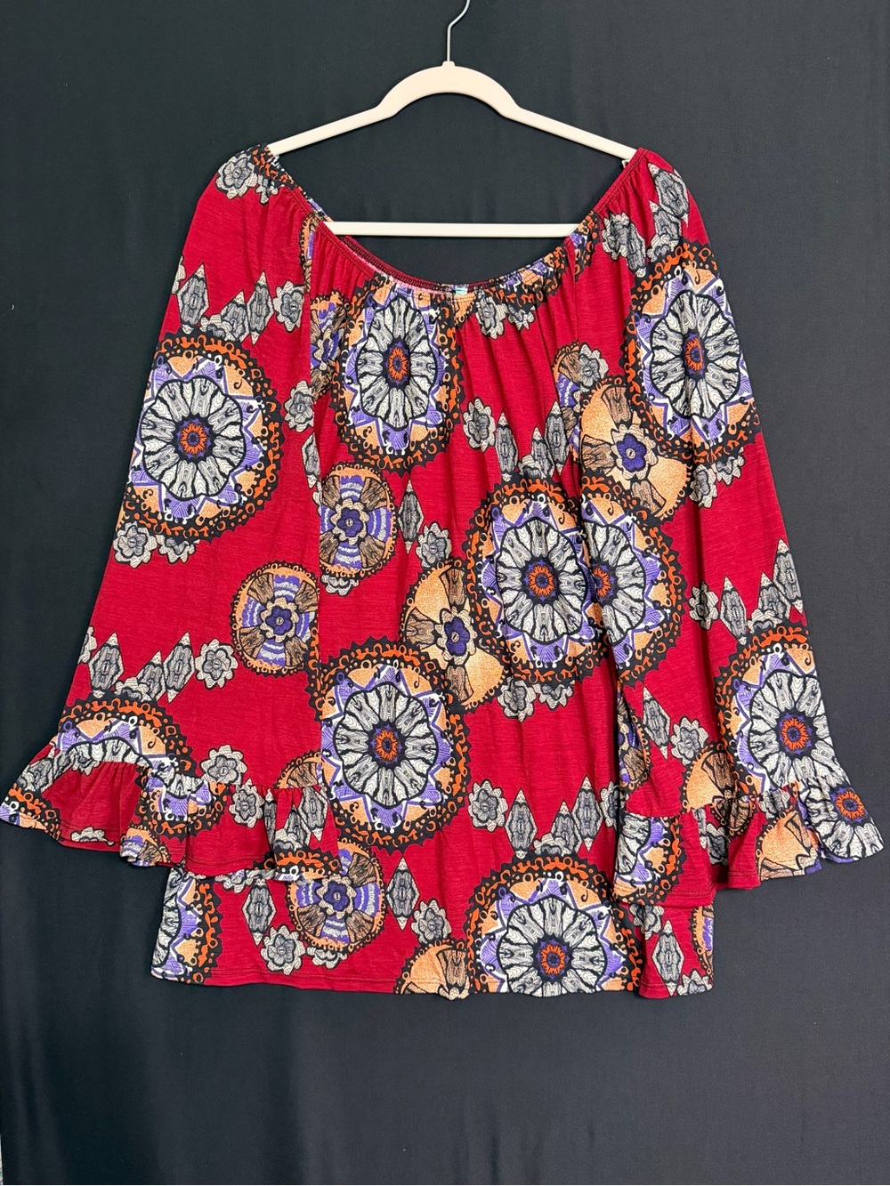 The Pink woman’s L Tunic Top Red with Bell Sleeves ruffles medallions hippie NWT